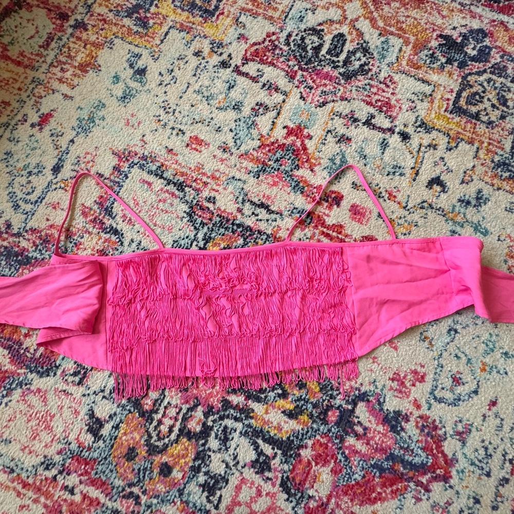 Altar’d State Vibrant Pink Fringe Tie Back Crop